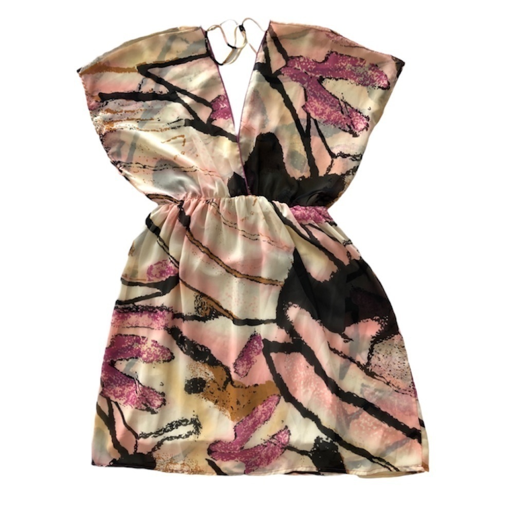 Trac Sheer flowy lightweight beach coverup or dress, abstract pink print Medium